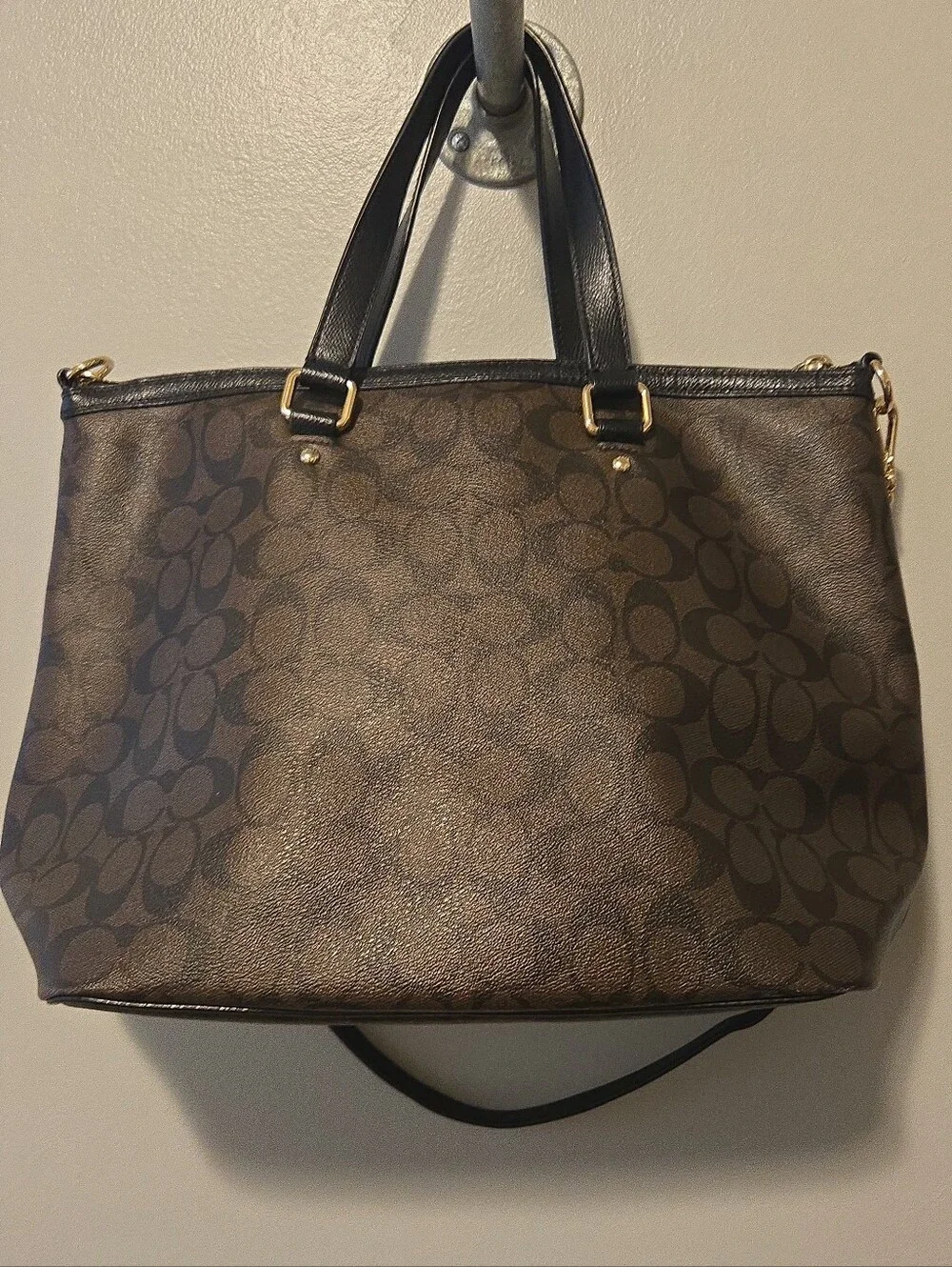 Coach Signature C 2  Way Handbag Black Brown Purse Shoulder Bag